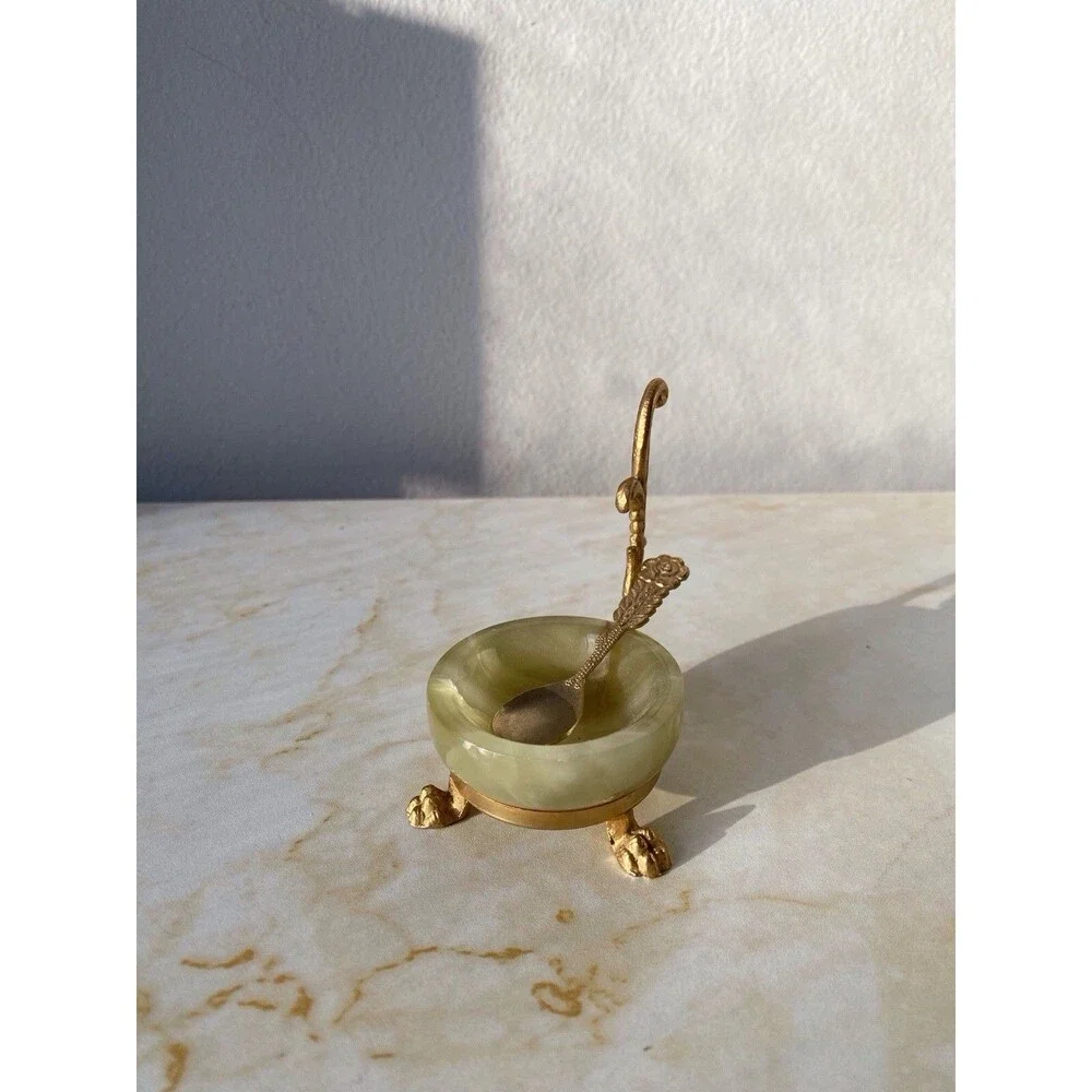 Vintage Green Onyx salt cellar and spoon Lion’s claw feet